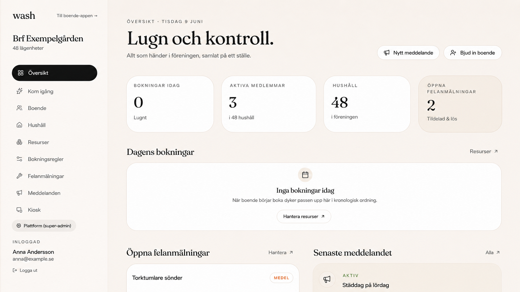 Wash adminpanel för styrelsen